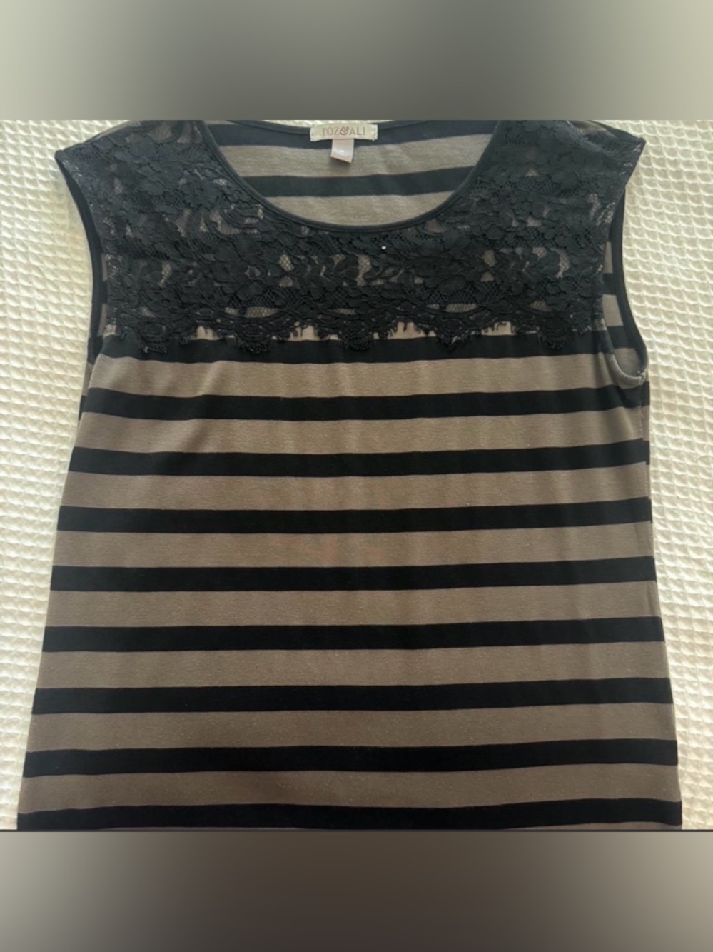Roz & Ali Black and Taupe Striped Lace Yoke Tank Top